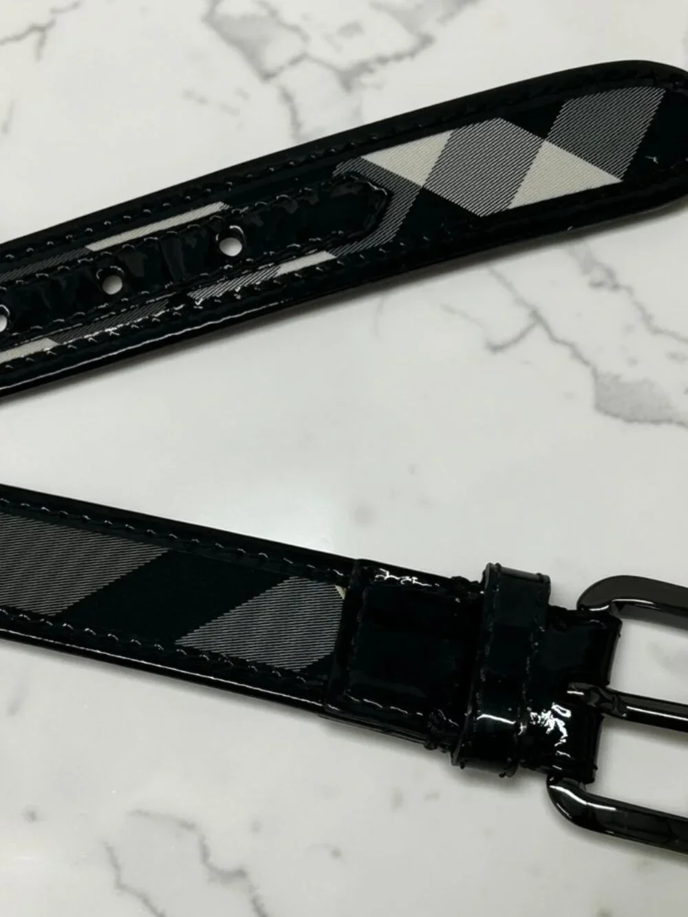 Burberry Black Beat Check and Patent Leather Belt, Size US 32